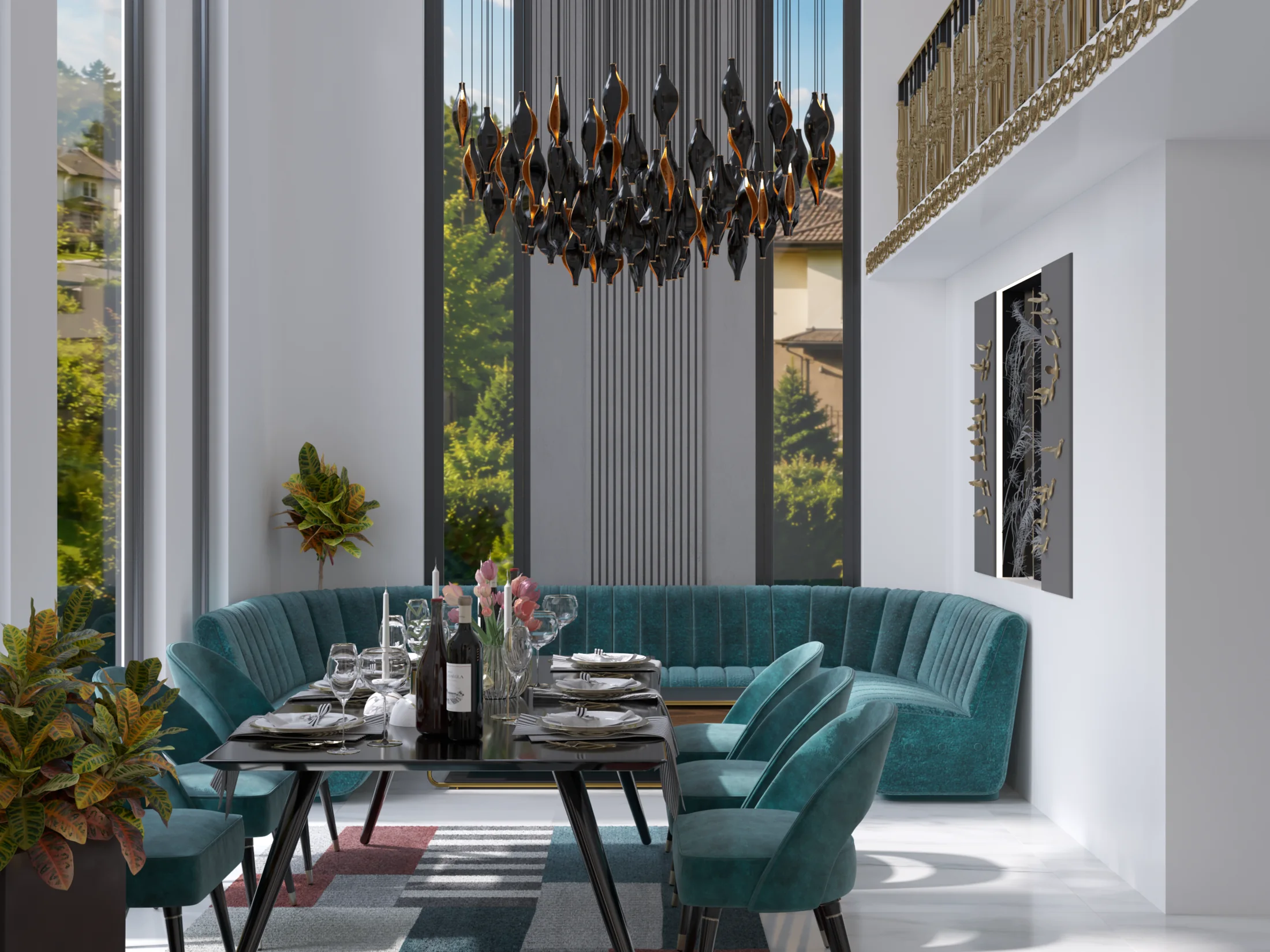 Interior visualization of The Stair House dining area with teal seating, a black table, sculptural pendant lighting, and tall windows.