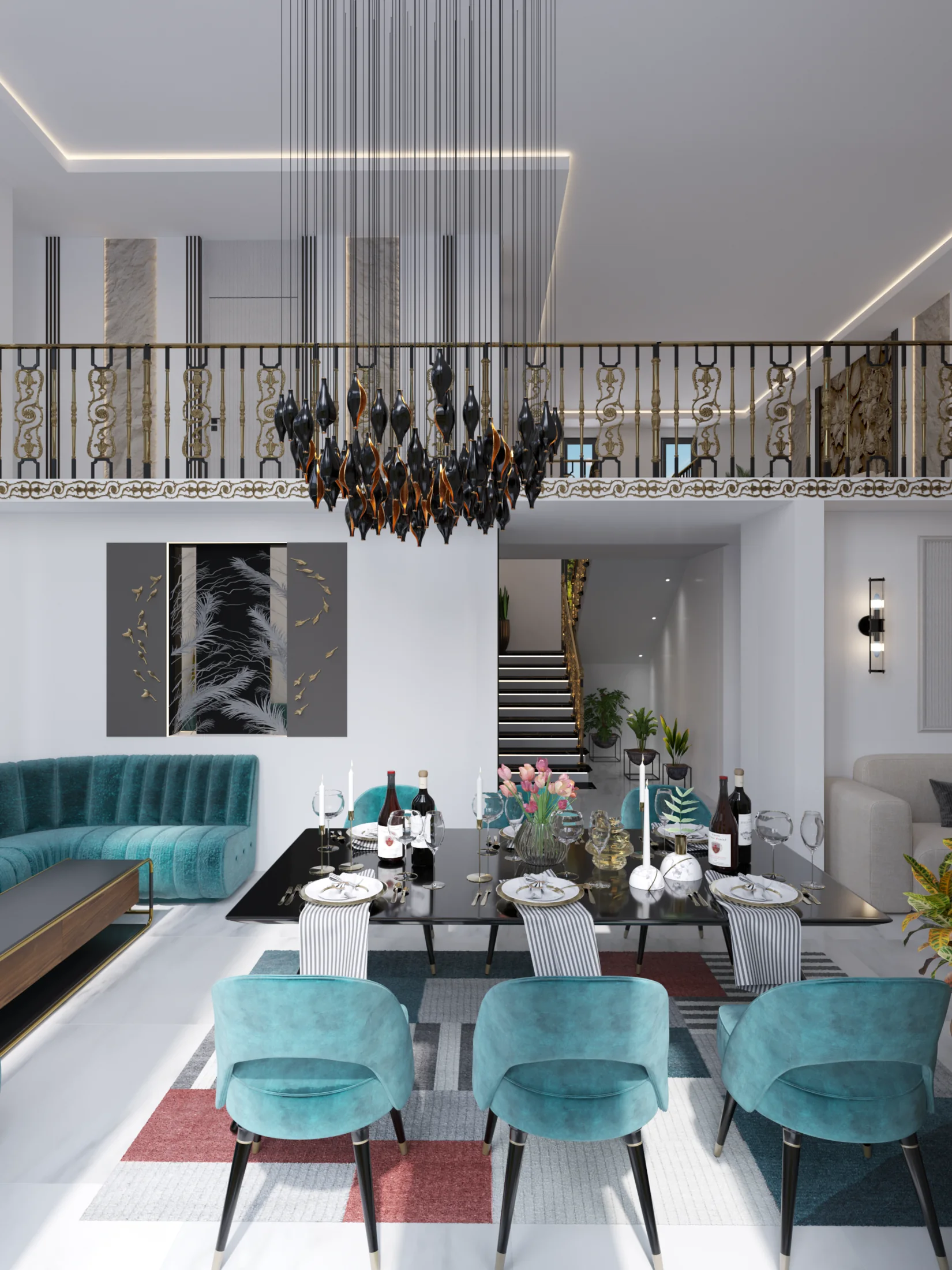 Wide interior visualization connecting The Stair House dining area, double-height pendant, upper railing, and staircase.