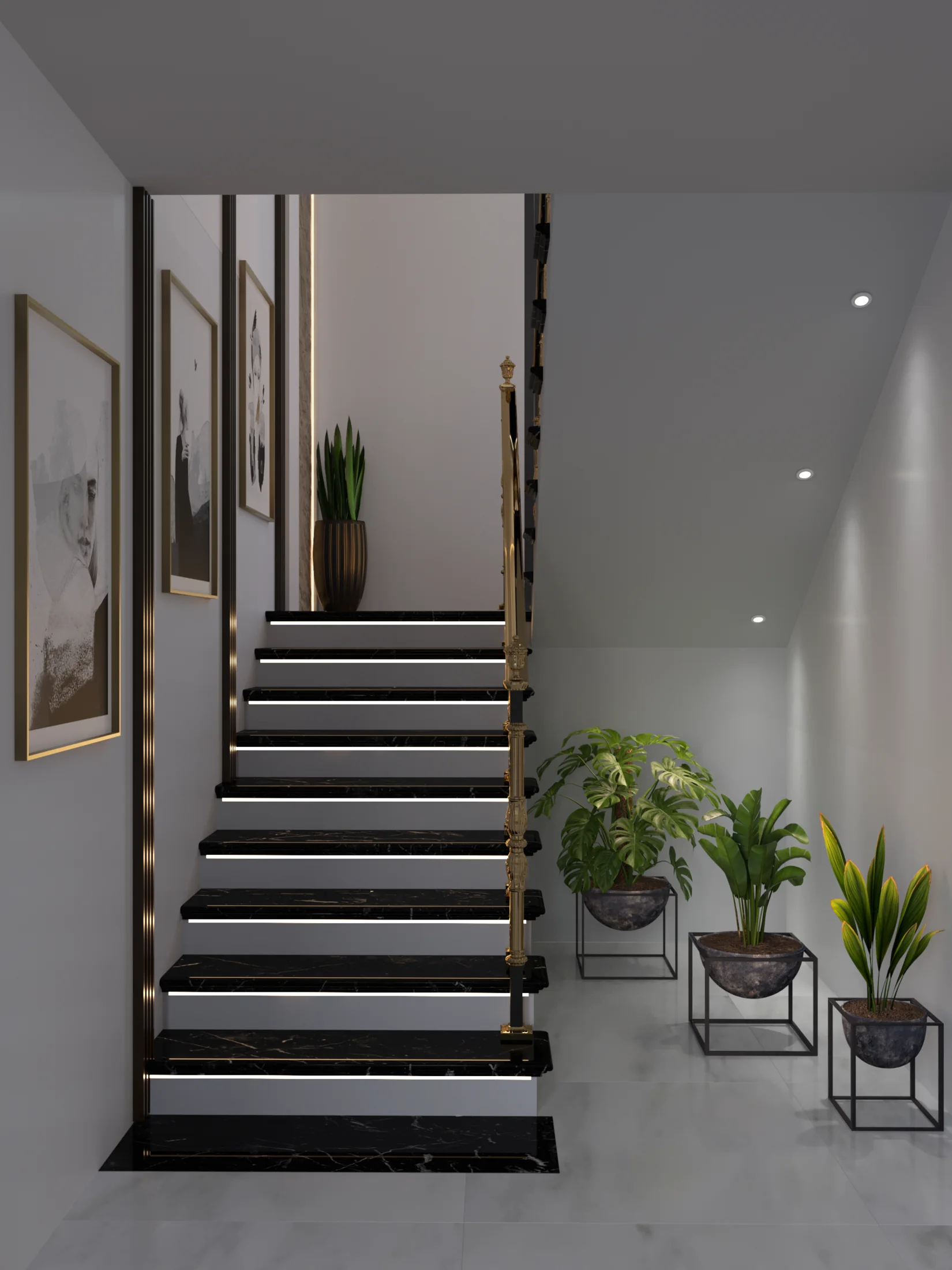 The Stair House staircase with black marble treads, integrated lighting, gold-and-black railing, framed art, and plants.