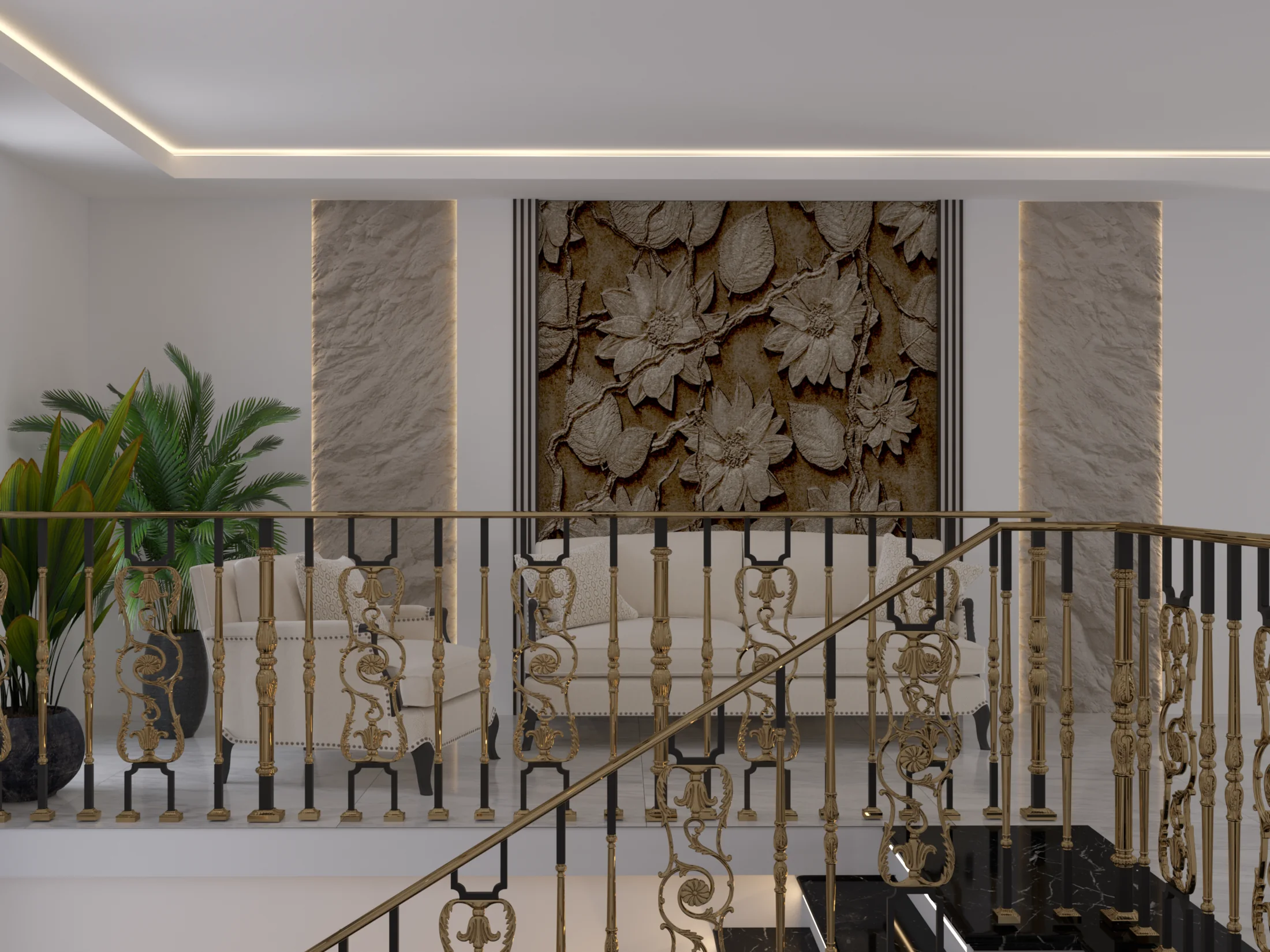 The Stair House upper landing with ornate railing, cream seating, floral wall art, stone panels, and warm lighting.