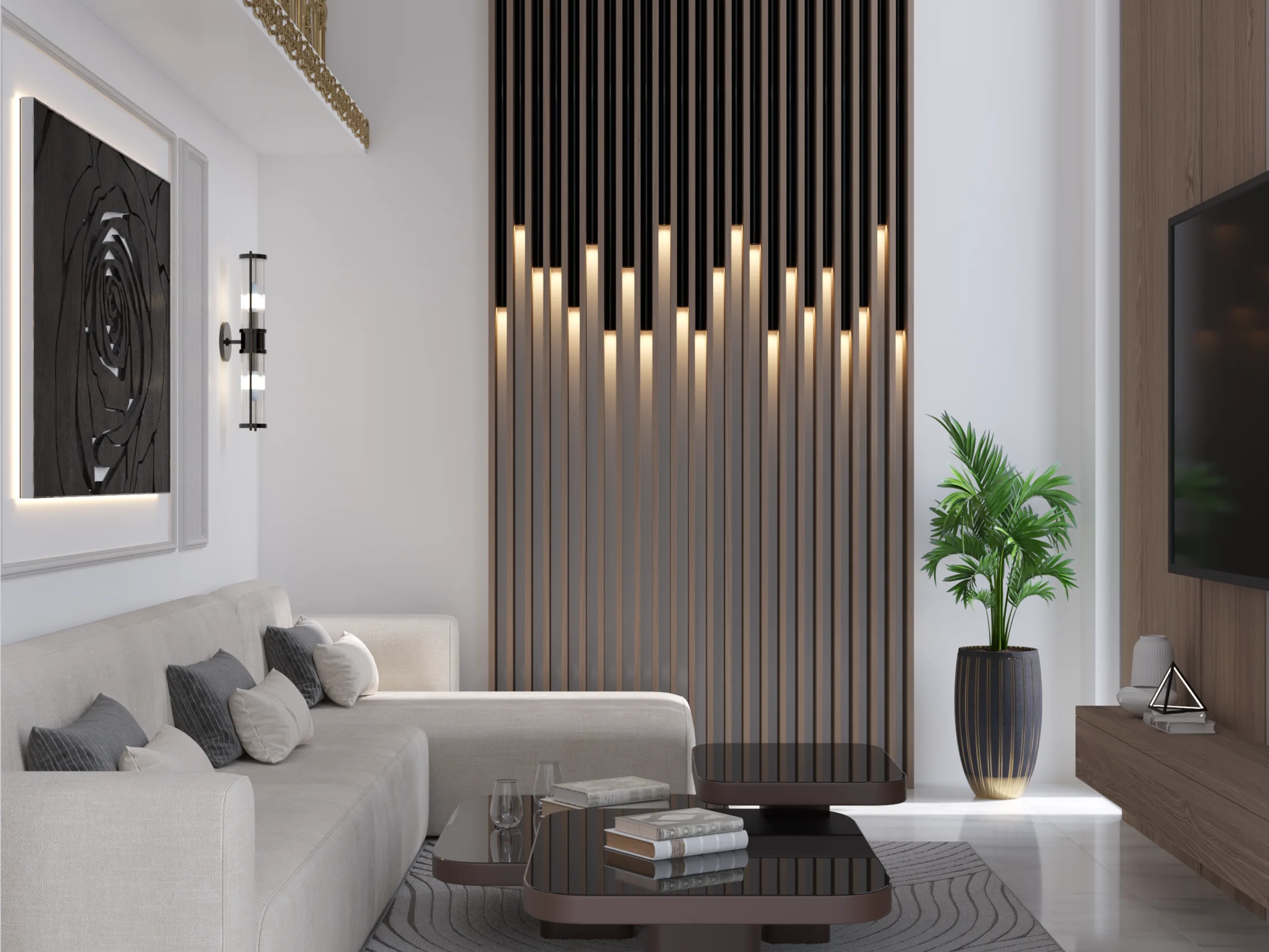 The Stair House living area with cream seating, illuminated vertical slats, wood media wall, and a tall indoor plant.