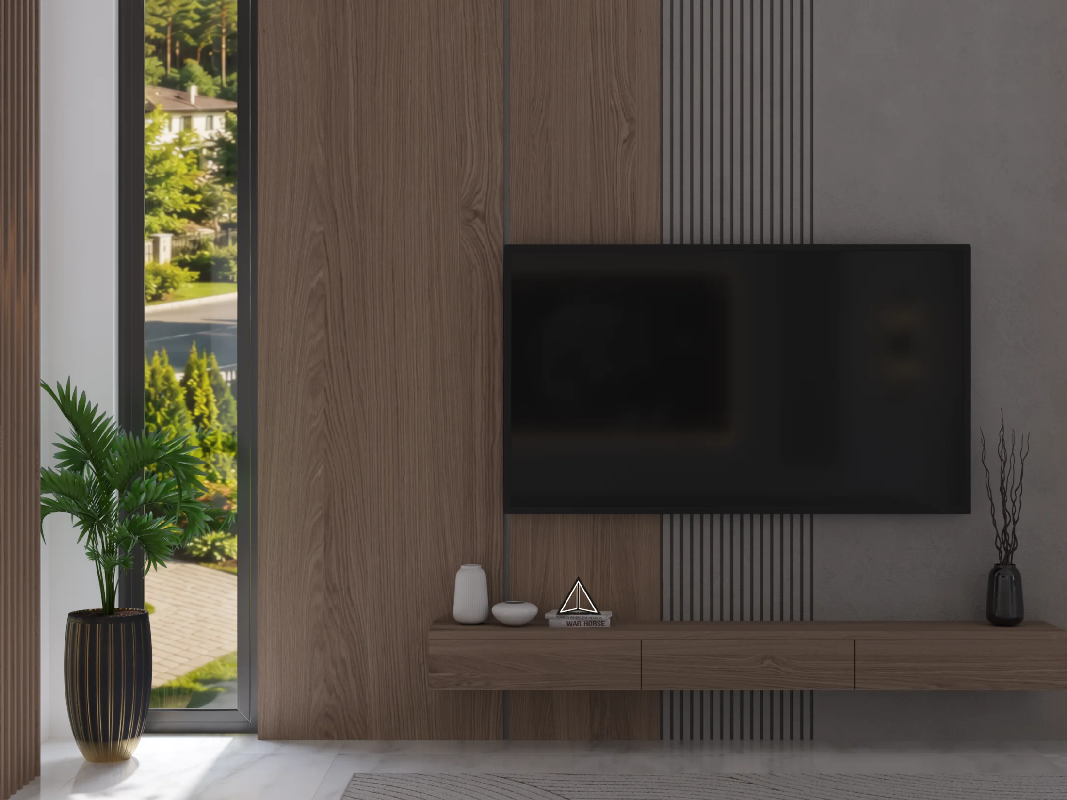 The Stair House media wall with a television, warm wood panels, black vertical slats, floating cabinetry, and window light.